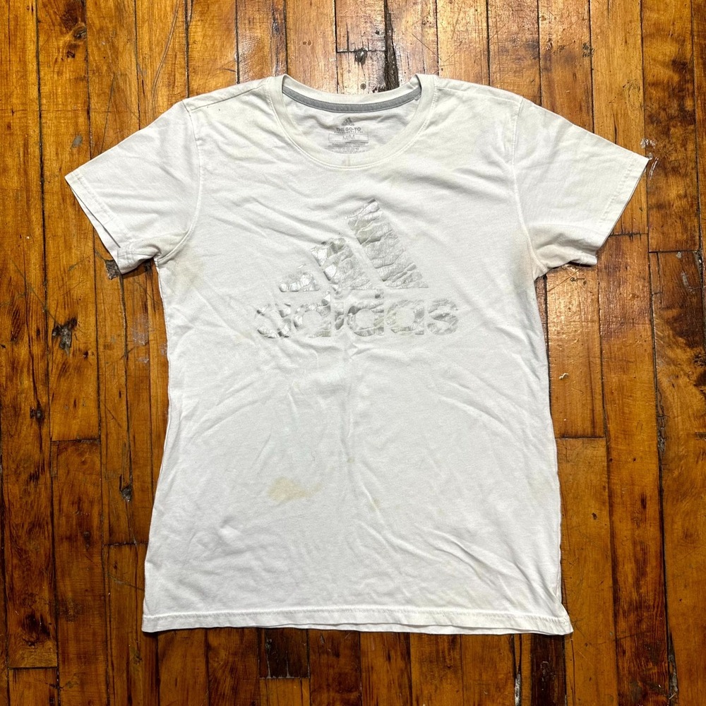 Adidas T-Shirt Women's Medium White Silver Graphic Logo Short Sleeve Pullover